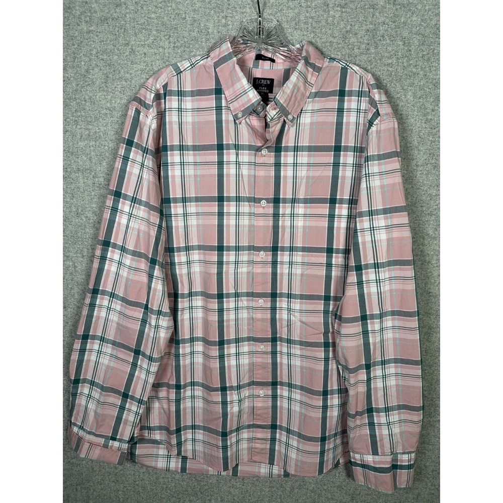 J. Crew Flex Washed Mens Shirt XL Slim‎ Fit Button Plaid Pink Long Sleeve Collar